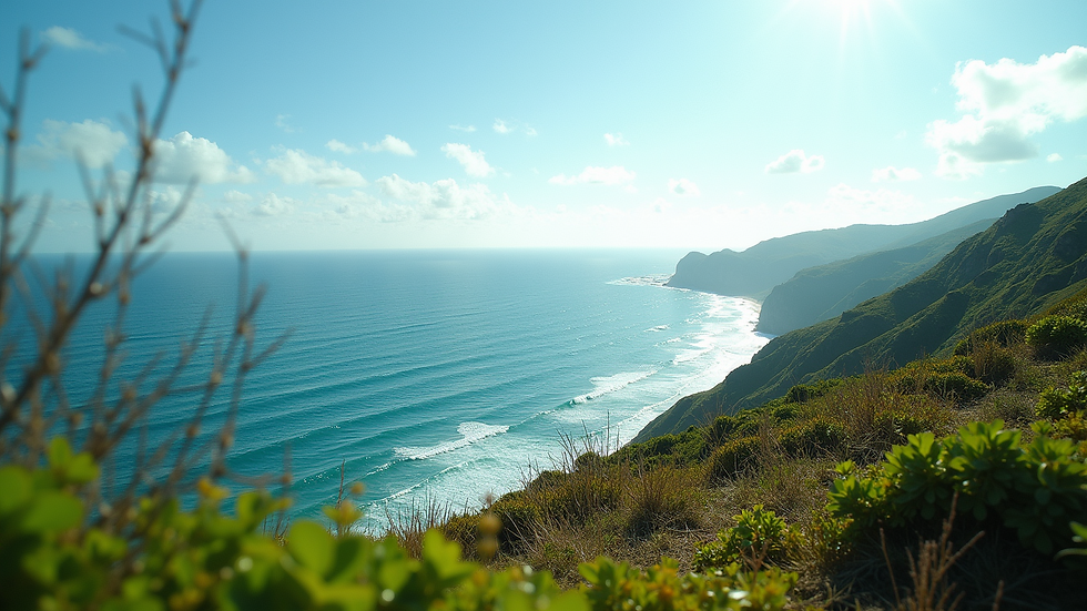 Wide angle view of a lush green hillside landscape in Pupukea