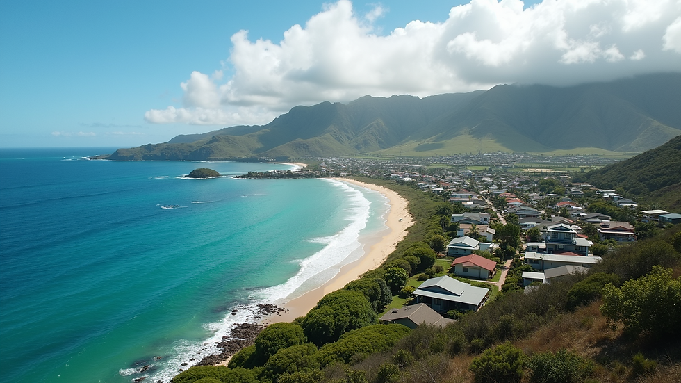 High angle view of Kawela Bay coastline with residential homes
