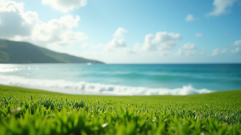 Wide angle view of lush green coastal lawn with ocean in background