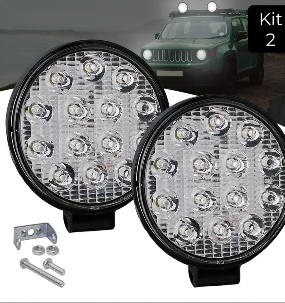 Kit 2 Farol Milha 14 Leds 42w 12v/24v Redondo( sem suporte) Off-road 6000k