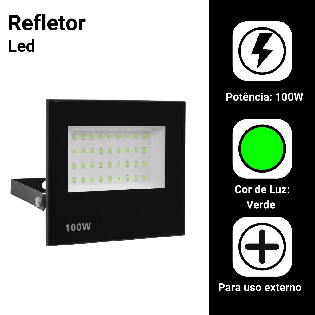 Refletor Led 100w Luz Verde Holofote Bivolt Prova Dágua Ip66 10x11x2.5
