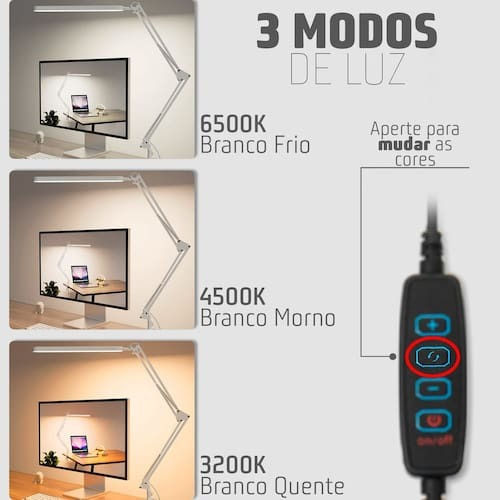 Miniatura: Luminária De Mesa Led Com Braço Articulado E Presilha, 3 Níveis De Brilho,e
