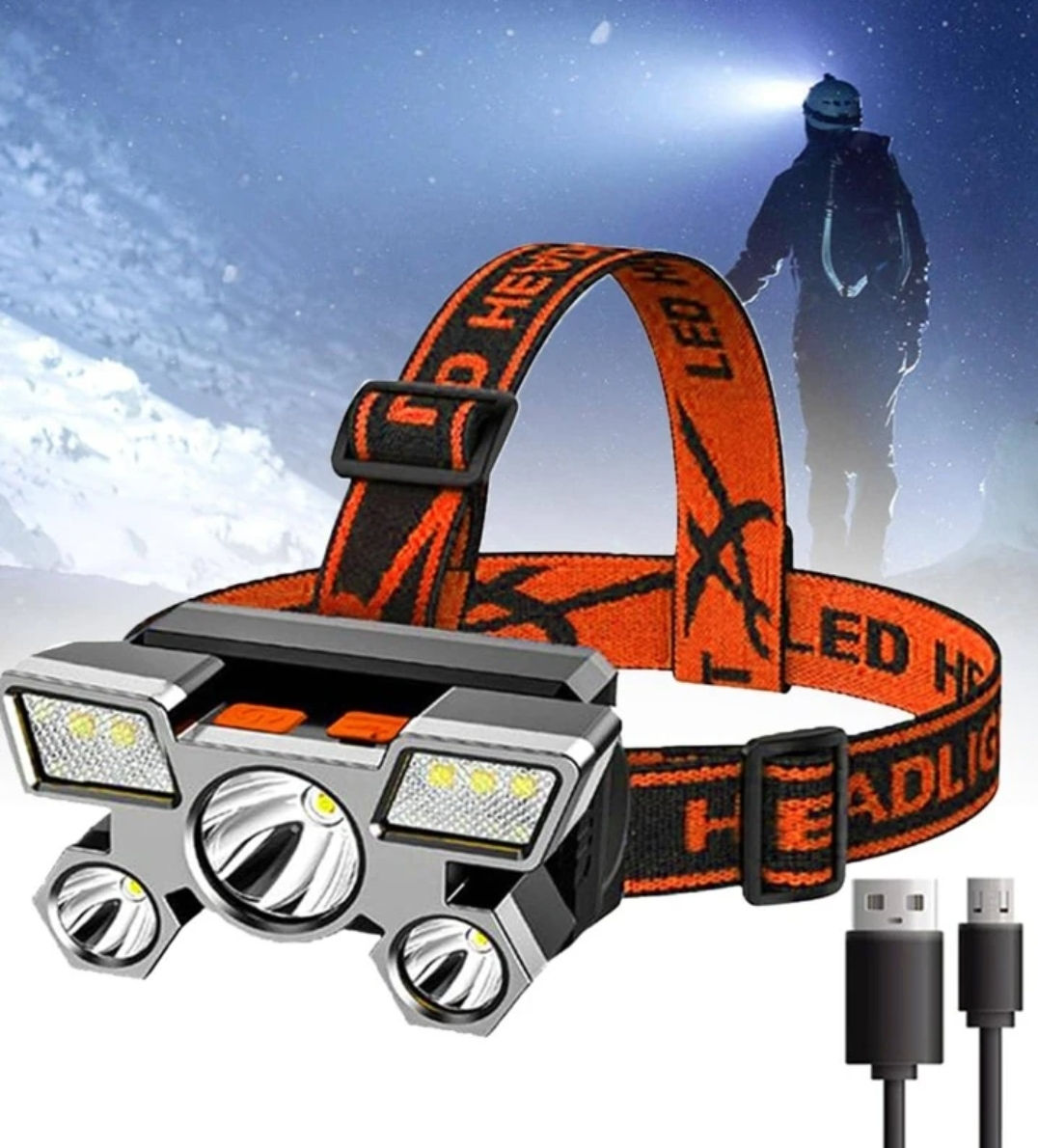 Lanterna de Cabeça 5Leds Recarregável a prova d'água USB B2T