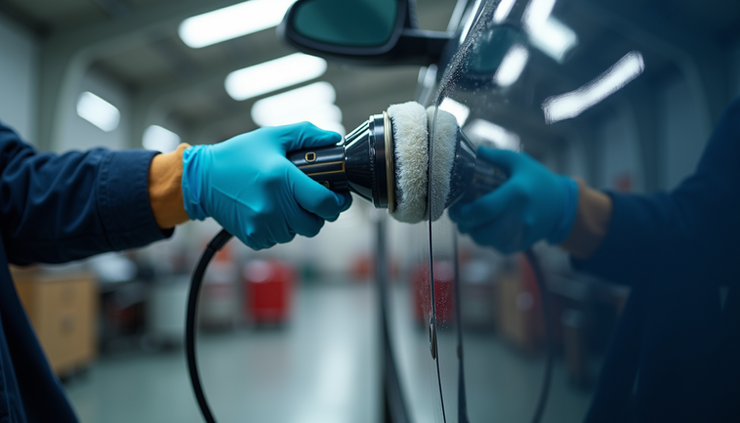 Eye-level view of a technician polishing a car's paint surface