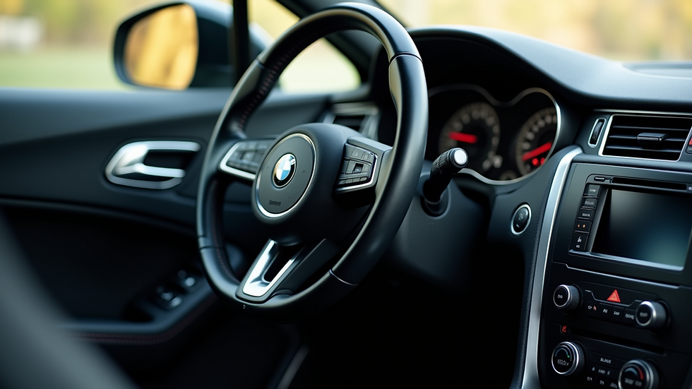 Close-up view of car dashboard and steering wheel cleaned and polished