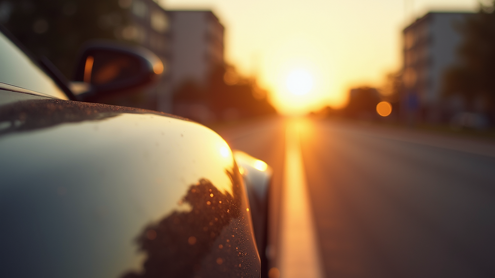 Close-up view of a car surface reflecting sunlight