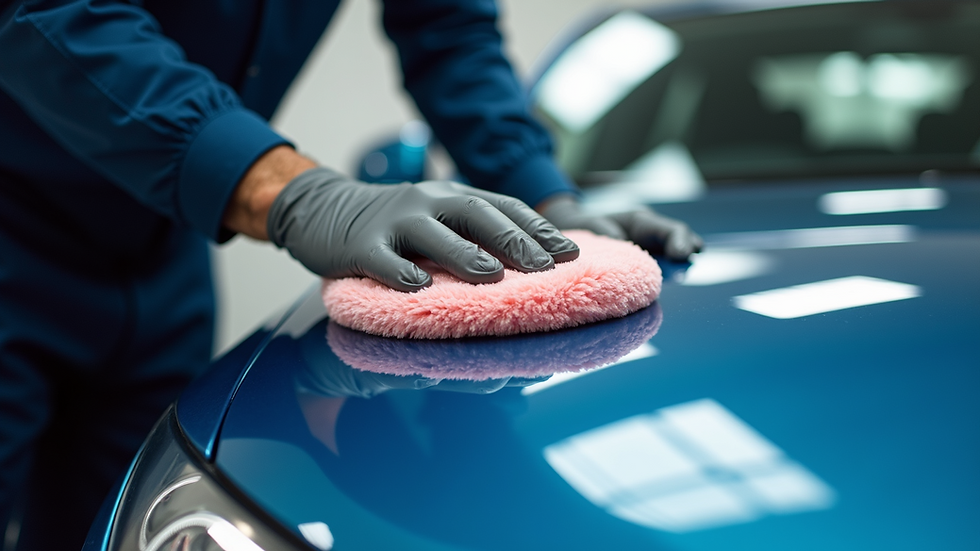 Eye-level view of a professional car detailer polishing a car hood