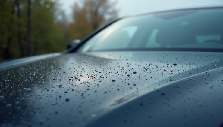 Close-up view of a car’s glossy hood with ceramic coating reflecting spring rain droplets