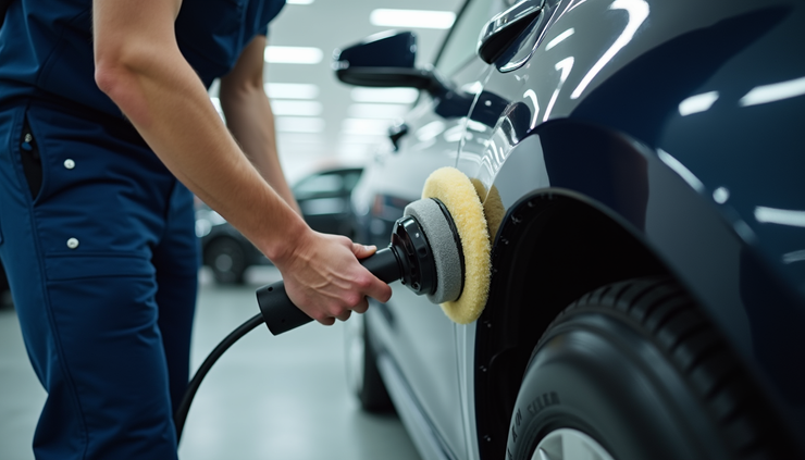 Eye-level view of a technician polishing a car door with a buffer