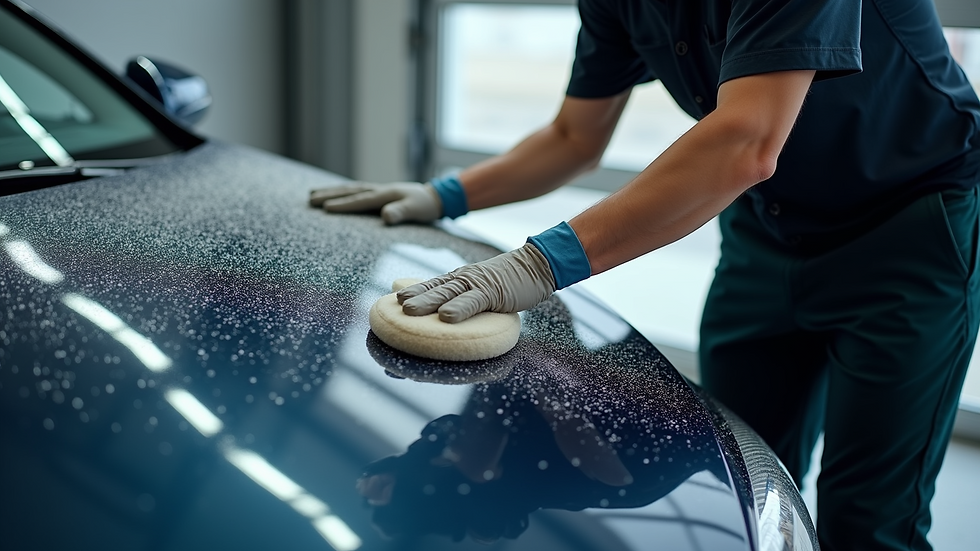 High angle view of a professional car detailer polishing a vehicle’s hood