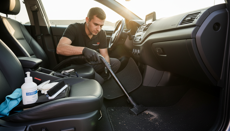 Eye-level view of a detailer vacuuming the carpet inside a car.