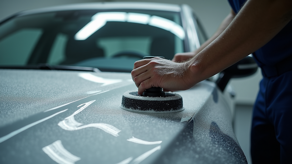 Close-up view of a car being polished with a buffer