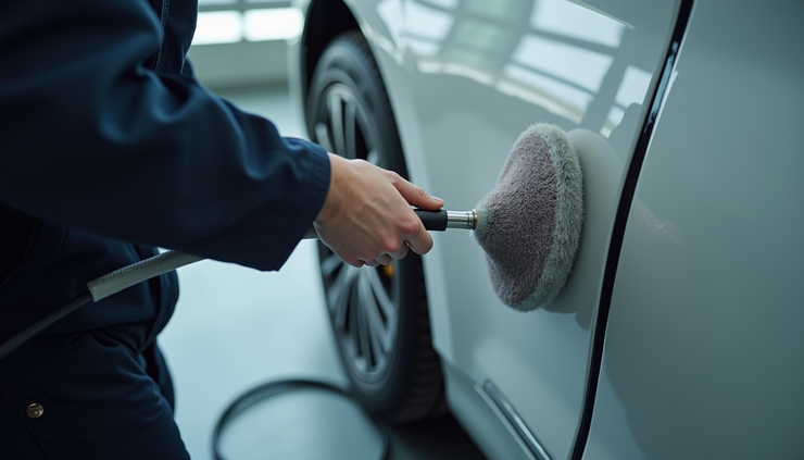 High angle view of a car being detailed outdoors with polishing tools