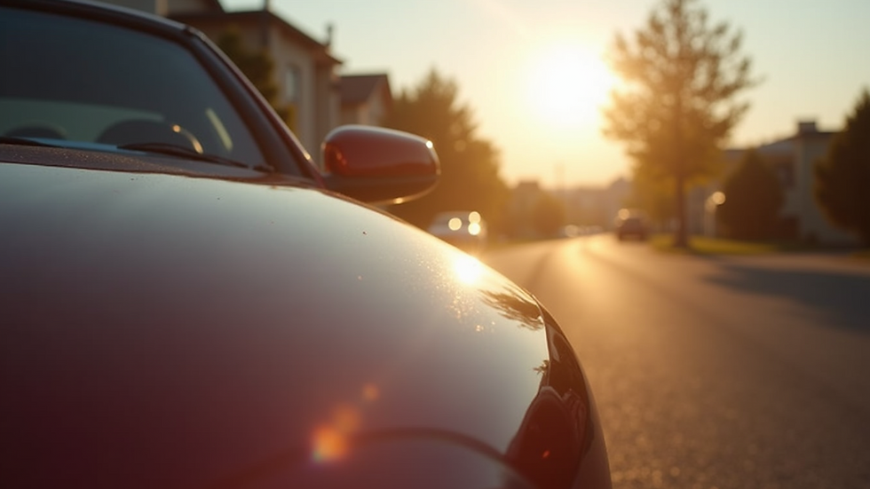 Close-up view of a shiny car hood reflecting sunlight