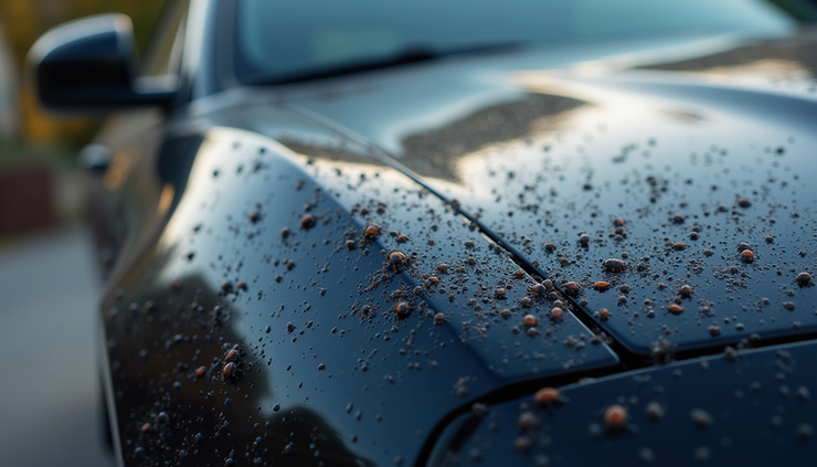 Close-up view of a car hood with bug splatters before ceramic coating application