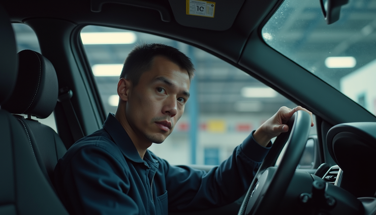 Eye-level view of a technician replacing a cabin air filter in a car