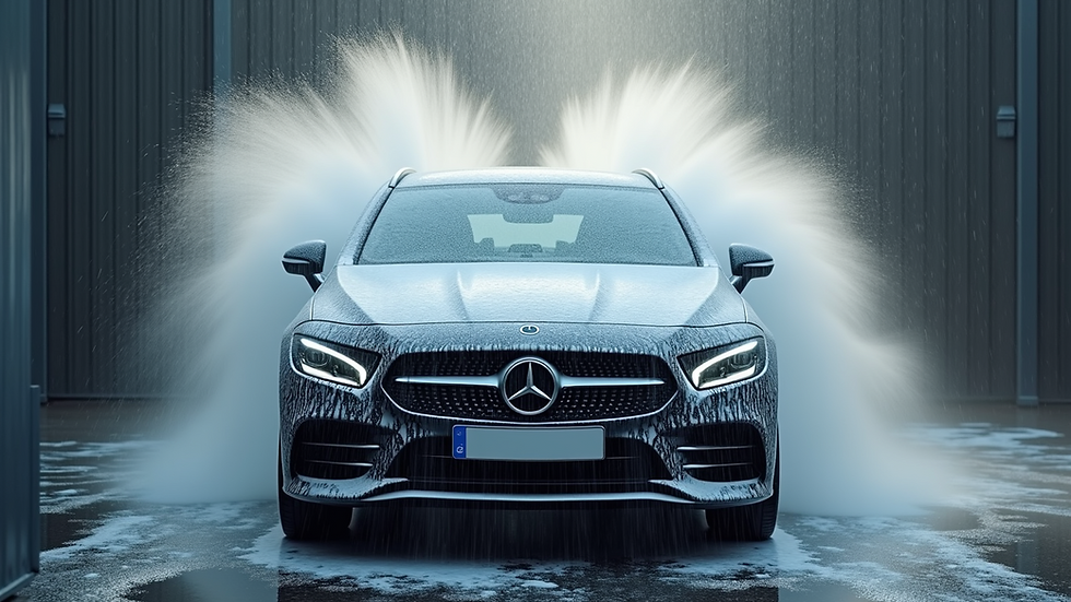High angle view of car being washed with foam and water spray