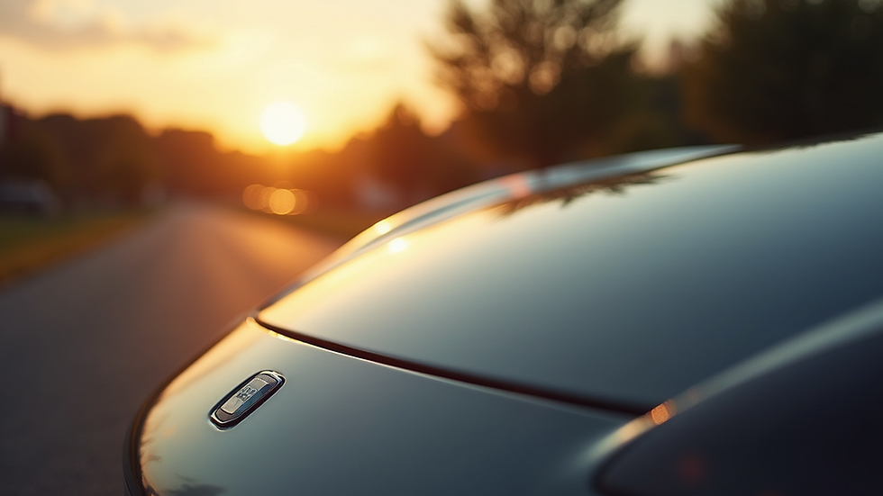 Close-up view of a polished car hood reflecting sunlight