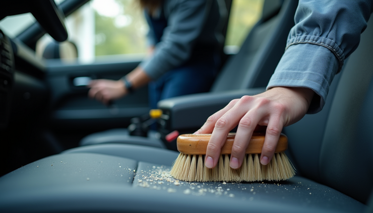 Eye-level view of a technician cleaning car upholstery with a brush