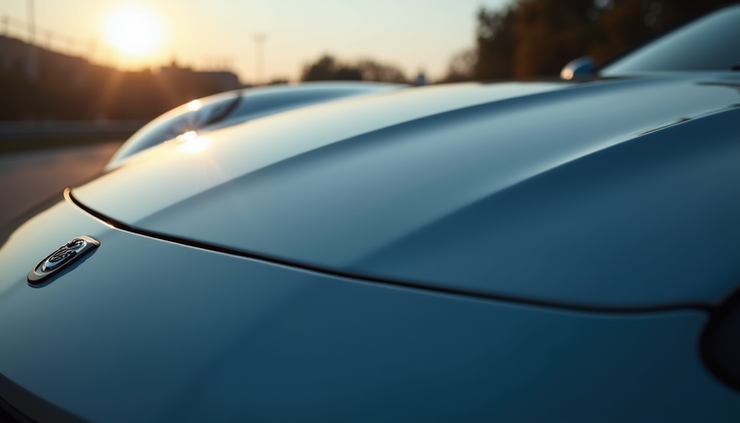 Eye-level view of a shiny car hood with ceramic coating applied