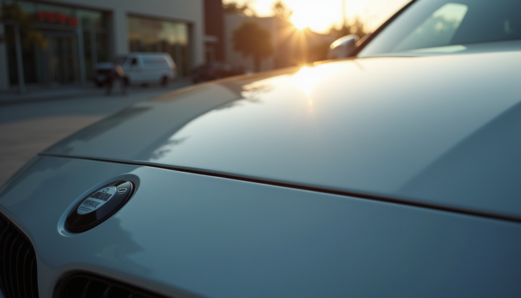 Eye-level view of a car hood with glossy ceramic coating reflecting sunlight