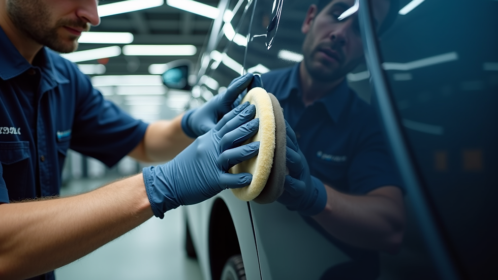 Eye-level view of a professional detailer polishing a car door