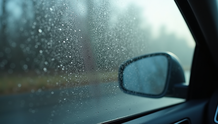 Close-up view of car interior window fogged with moisture