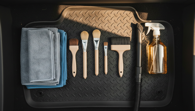 Overhead view of detailing brushes, microfiber towels, and interior cleaning tools on a vehicle floor mat