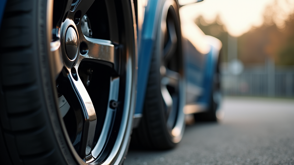 Close-up view of shiny wheel rims and tires