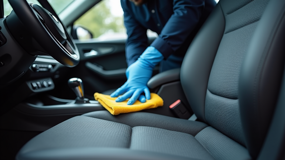 Close-up view of a professional auto detailer cleaning a car seat