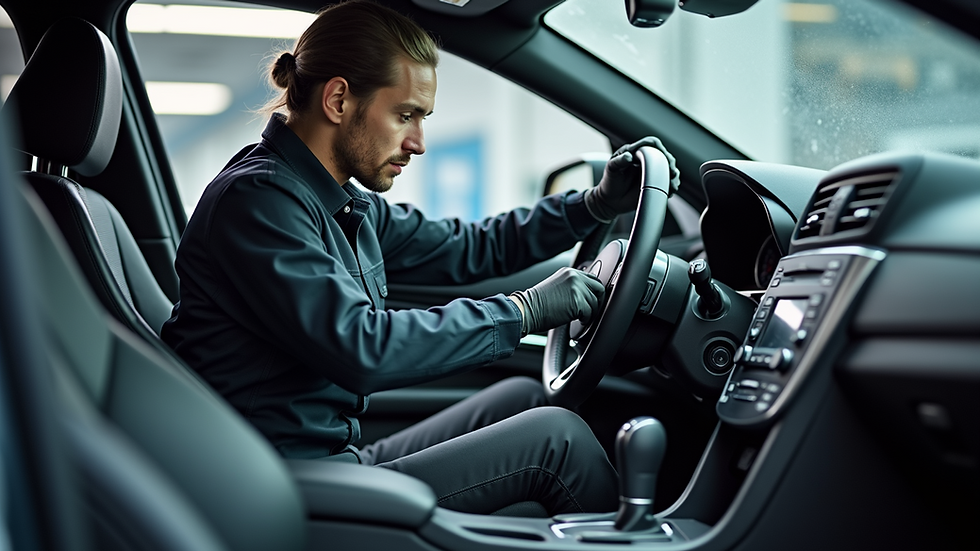 Eye-level view of a detailer cleaning a car's interior