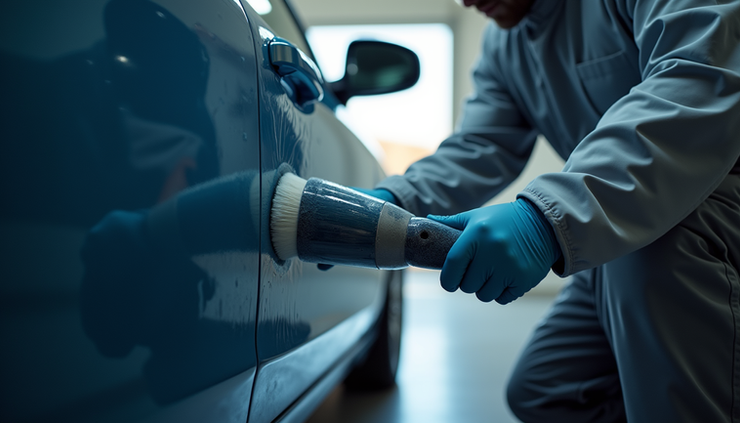 Eye-level view of a technician applying ceramic coating to a car door