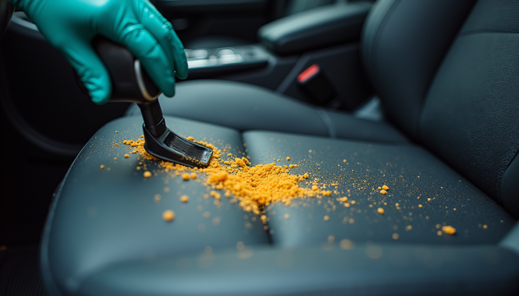 Close-up view of a car seat with crumbs and food spills between the seats