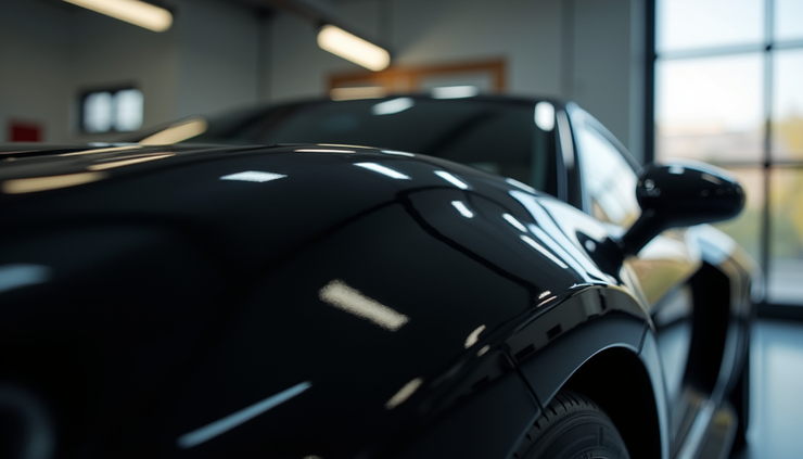 Close-up view of a glossy black car hood after ceramic coating