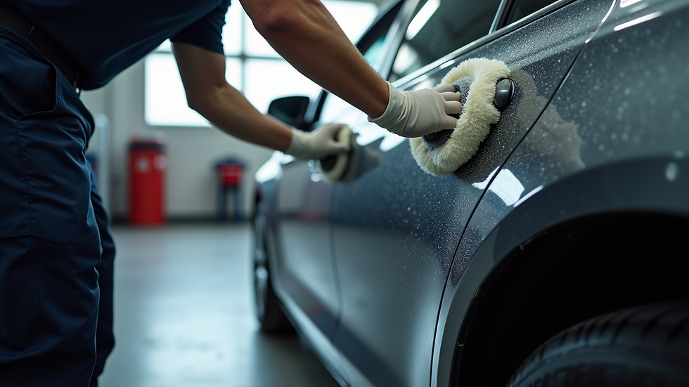 Eye-level view of a professional detailer polishing a car door in a garage