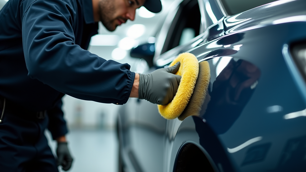 High angle view of a professional detailer polishing a car door
