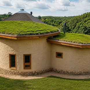 Residência de luxo com paredes escultóricas de Cob, geometria sagrada e teto verde integrado, bioconstrução com alto conforto acústico.