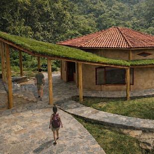 Templo sagrado de Ifá da Tradição Iorubá, com paredes de pau-a-pique, teto verde e vigamento recíproco sob a mata na Serra da Cantareira.