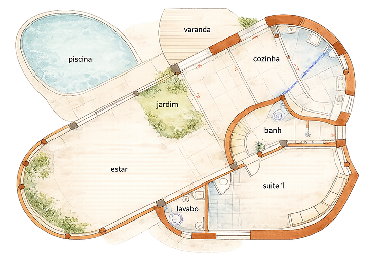 Planta baixa humanizada com design orgânico curvo para a Casa Luz do Arraial, ilustrando a integração de ambientes em projetos sustentáveis.