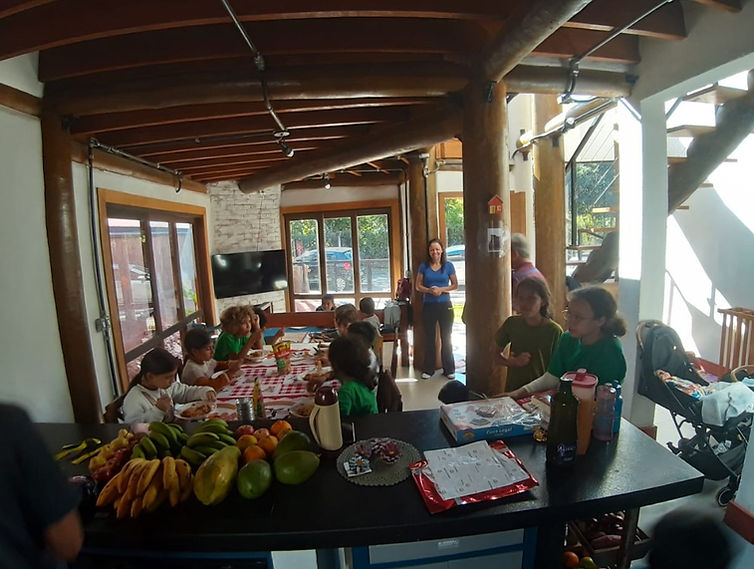 Interior de casa ecológica com pilares de eucalipto roliço e vigas de madeira maciça aparente, cozinha integrada, projeto por César Augusto Arquiteto Ecológico.