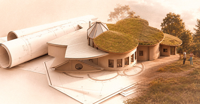 Transição conceitual de projeto arquitetônico em papel para maquete 3D e casa ecológica construída com teto verde, ilustrando o método ASA de mentoria.