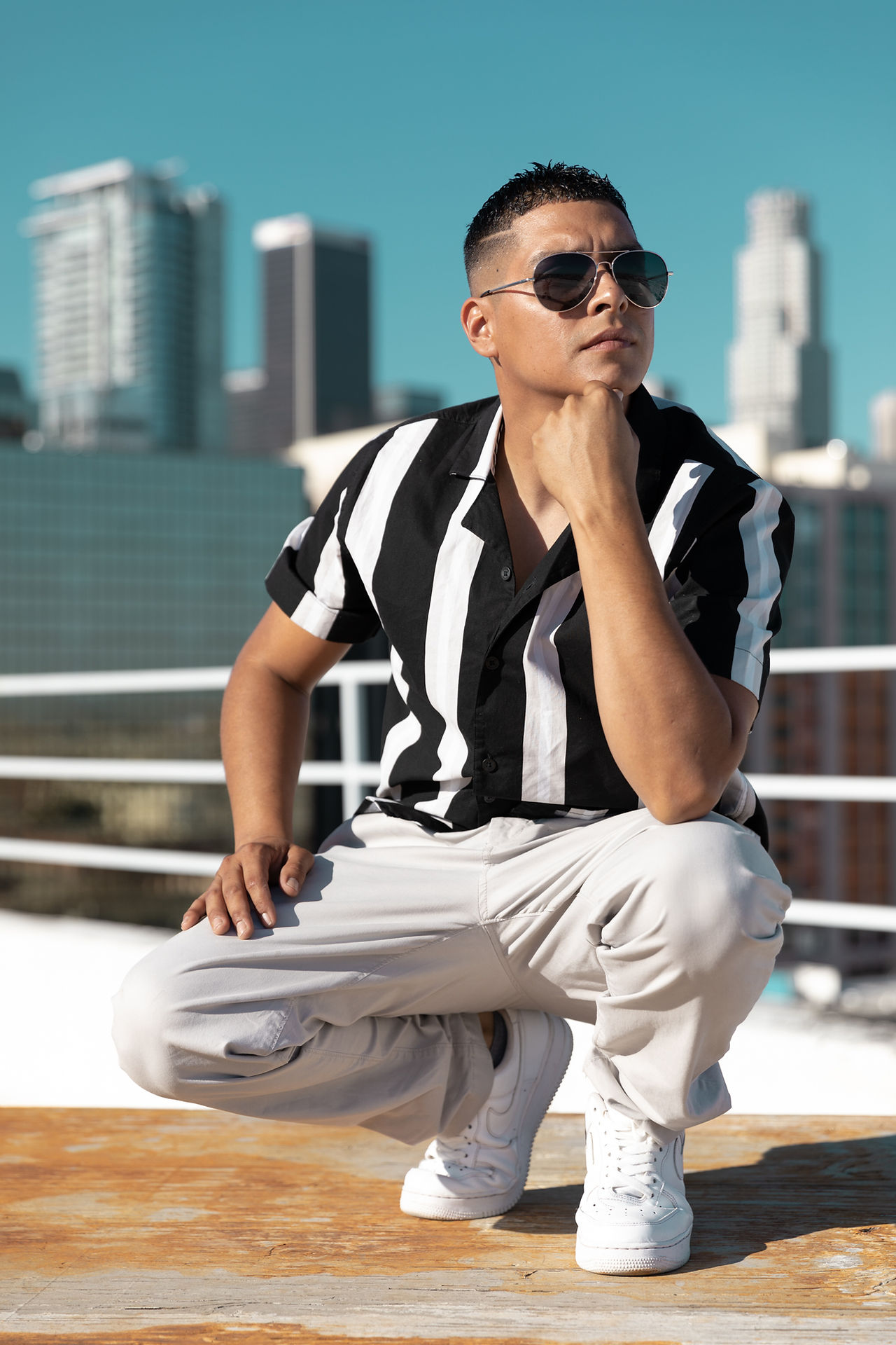 Music Video social media content photoshoot on rooftop in Downtown Los Angeles.