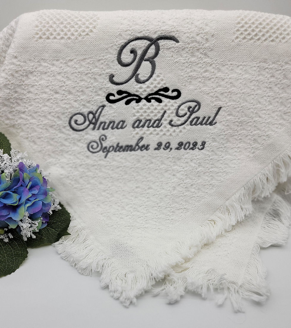 Personalized wedding blanket with monogram, scroll, bride and groom