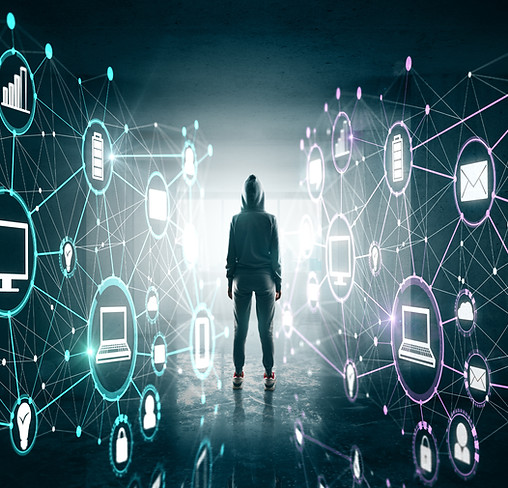 back-view-of-hacker-in-abstract-dark-interior-with