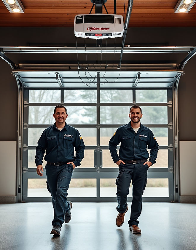two garage door technicians looking at full view garage door and liftmaster opener for 360 overhead doors