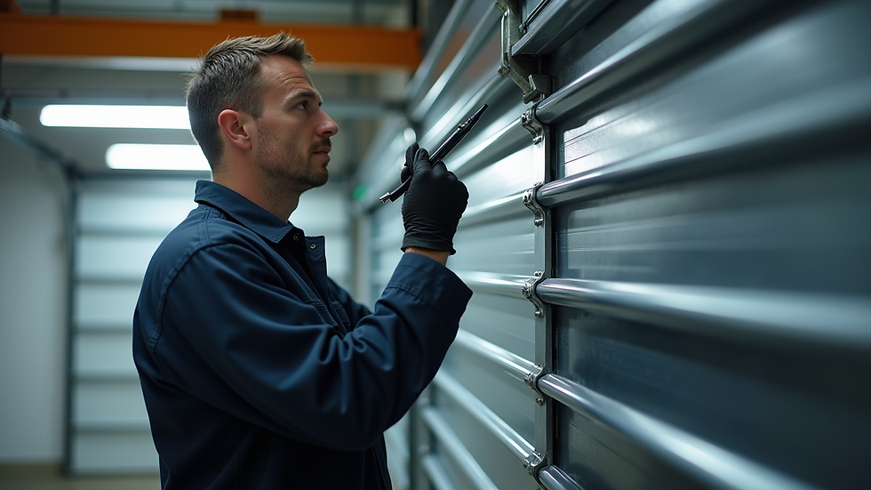 Eye-level view of a technician inspecting garage door springs