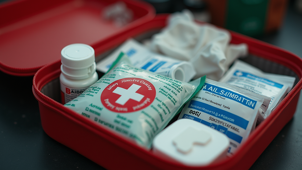 Close-up view of a well-organized first-aid kit with essential supplies