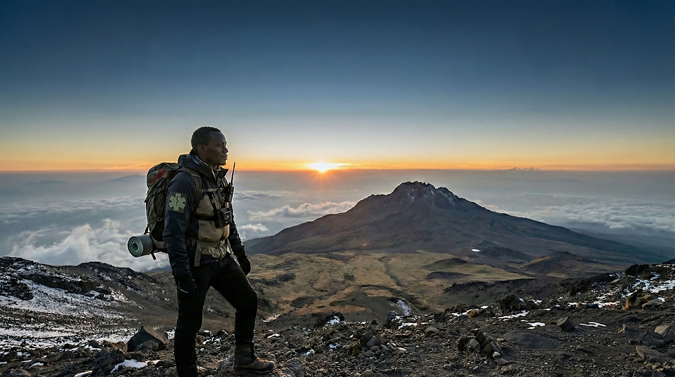 Wide landscape photo of a hiker standing on Mount Kilimanjaro at sunrise, with a mountain peak in the distance, blue-orange sky gradient, and rocky foreground.