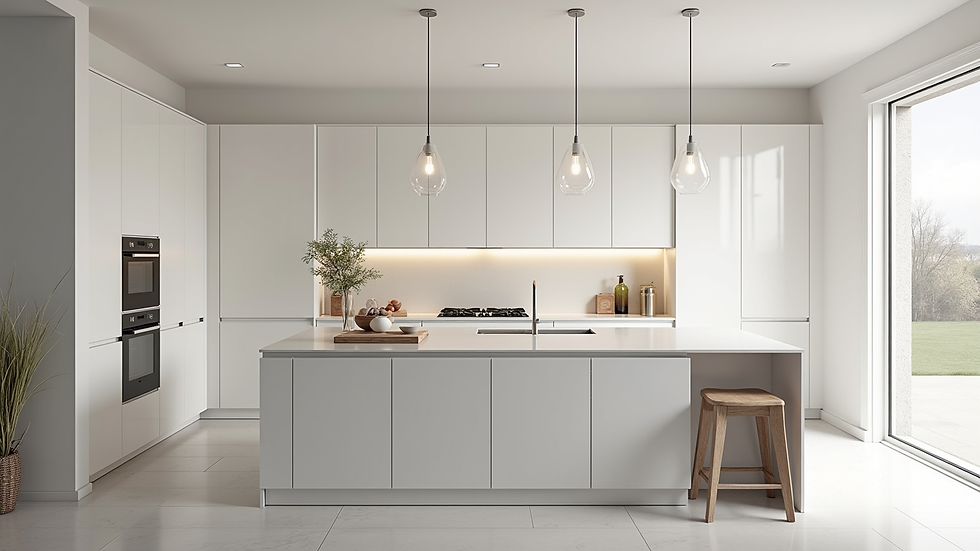 High angle view of a renovated kitchen with white cabinets and island