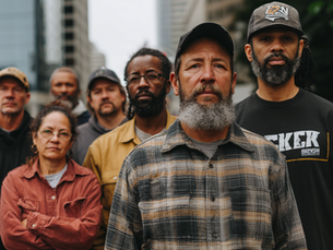 Diverse group of American workers in construction, retail, healthcare, and office jobs standing together, representing employment barriers faced by people with criminal records.